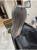 バレイヤージュ、ハイライト、レイヤーロング、グレーベージュ