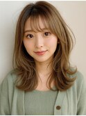 ベージュ/グレージュ/オリーブ/ミディアム/セミロング/前髪あり
