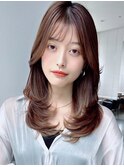 内巻きレイヤーヘア*セミロングヘア*30代40代50代*白髪染めOK