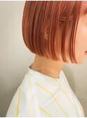 コーラルオレンジ・ボブ・切りっぱなし・ワンレン・ブリーチ