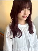 チェリーレッド 小顔バング ロングレイヤー 暖色系カラー