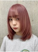 ミルクティーピンクグレージュミディアムウルフレイヤー長めボブ