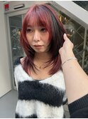 顔まわりレイヤーカットハッシュカットチェリーレッド