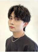 韓国風センターパートシースルーバングメンズ透明感カラー