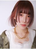 大人ガーリーショートボブ/イヤリングカラー/ハイライト/レッド