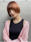 オレンジブラウン　ミニボブ　ストレートパーマ