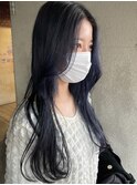 韓国風ロングブルーブラック透明感ブリーチイメチェンハイトーン