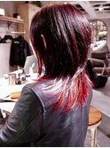ウルフカット　インナーカラー　ピンクレッド　ダブルカラー