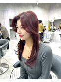 レッドブラウン レイヤーカット 韓国ヘア カーテンバング