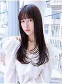 顔回りレイヤー/ぱっつん前髪/黒髪/ナチュラルロング/センター北