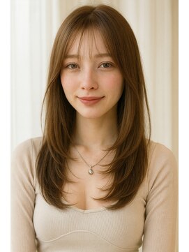 セミロングレイヤーカットストレートロングウルフカットベージュ