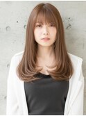 女子アナ風前髪ありセミロングレイヤーブラウンベージュ