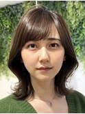 美髪カールオリーブベージュ韓国レイヤーくびれミディ顔周り前髪