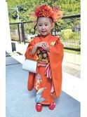 綺麗なオレンジ着物の3才の七五三着付けヘアセット♪