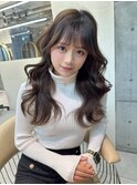 ★丸型逆三角ホワイトグレージュデジタルパーマチェリーブラウン