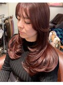 顔周りロングレイヤー チェリーピンク 大人かわいい 難波