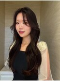 ロングレイヤー韓国くびれヘア黒髪韓国レイヤー顔まわりレイヤー