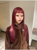 ピンク 赤髪 暖色 ロングヘア 姫カット オン眉 眉カラー