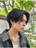 メンズダークアッシュニュアンスパーマ韓国マッシュウルフカット