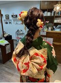 成人式ヘアセット 華やか編みおろし金箔造花 和装着物