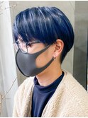 ネイビーハイライト青髪ブリーチ有りブルー色落ちシルバーグレー