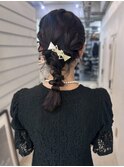 編みおろし　ポニーテール　リボン　結婚式　お呼ばれ　20代30代