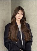 ロングレイヤーマロンベージュ顔周りカット韓国風巻き