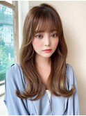 シャギーレイヤーロング韓国くびれヘアシースルーぱっつん前髪
