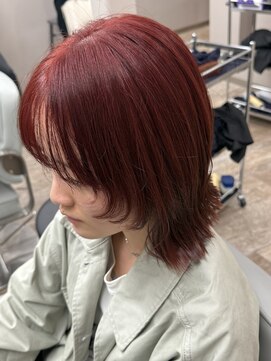 レーヴバイリコ 三軒茶屋(Reve by liko) ブリーチ無しダブルカラー/ウルフボブ/チェリーレッド