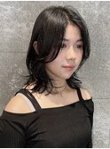カーテンバングレイヤーロングミディアムハッシュカット黒髪