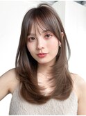 ロング前髪カット顔周りレイヤーココアベージュ_F1249