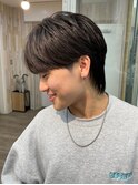 メンズアッシュブラックカルマパーマ爽やかセンターパート韓国
