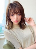 大人可愛い薄めバングふんわりカールショコラアッシュ小顔カット