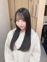 アム 表参道(am) 小顔薄めバンググレージュレイヤーロング前髪パーマ黒髪