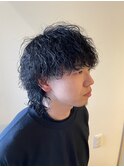 メンズカットスパイラルパーマウルフヘア黒髪20代30代