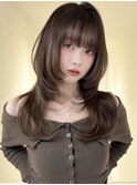 ハッシュカットロングレイヤーワイドバングチョコブラウン渋谷