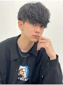 黒髪ナチュラルラウンドマッシュパーマ刈り上げアッシュブラック