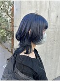 ブルーブラックロングウルフカットレイヤーカット美髪イメチェン