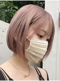 ピンクミルクティーベージュハイトーンダブルカラーレイヤーボブ