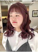 ブリーチなしラベンダーピンクミディアムオン眉前髪