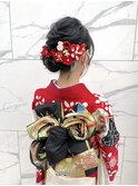 【#わだむすび】成人式振袖着付け黒髪アップスタイル　バラ結び
