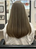 ロングブルーグレージュ明るめオリーブベージュ前髪なしぱっつん