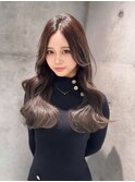 ★丸型逆三角ホワイトグレージュデジタルパーマチェリーブラウン