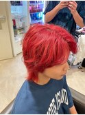 赤髪ウルフ毛流れ無造作パーマ メンズのWカラー/ブリーチ