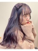薄めバングウェーブロング大人ガーリーなダークパープルブリーチ