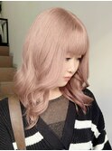 ミルクティーピンクグレージュミディアムウルフレイヤー長めボブ