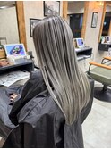バレイヤージュ、ハイライト、レイヤーロング、グレーベージュ