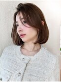 シースルーぱっつん前髪ミニウルフボブチェリーブラウン