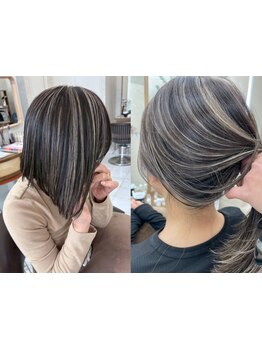 髪のダメージを抑えダメージレスなハイライト・ダブルカラー・ケアブリーチを使用し幅広いデザインをご提案