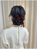 ボブ　ボブアレンジ　ハーフアップ　黒髪アレンジ　ベロアリボン